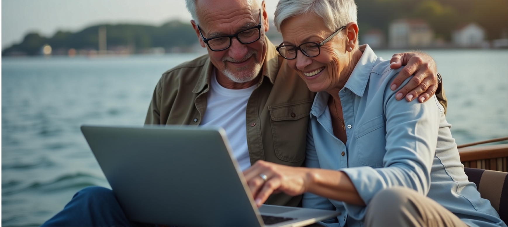 Couple on laptop together on a boat